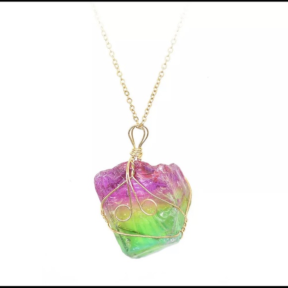 Rainbow Crystal Aura Quartz Necklace Gold PRIDE - Picture 9 of 12